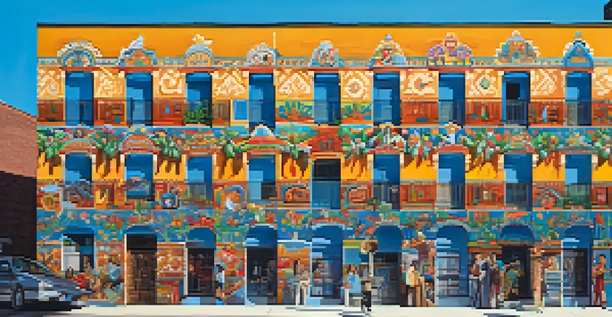 A colorful mural representing Mexican heritage in Pilsen, Chicago, with floral patterns and traditional attire under a bright blue sky.