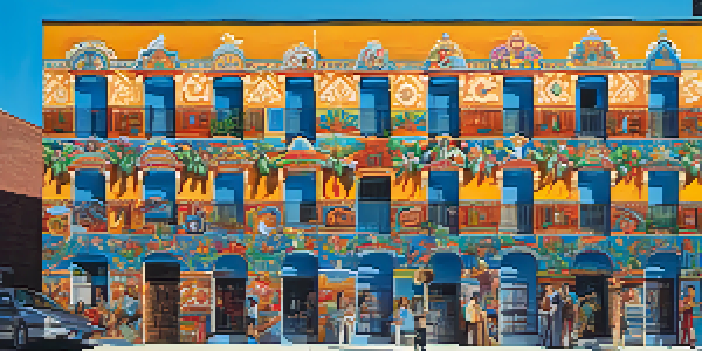 A colorful mural representing Mexican heritage in Pilsen, Chicago, with floral patterns and traditional attire under a bright blue sky.