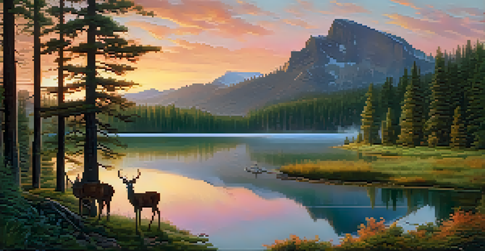 A serene national park scene at sunrise, with colorful skies, a reflecting lake, and deer near the water.