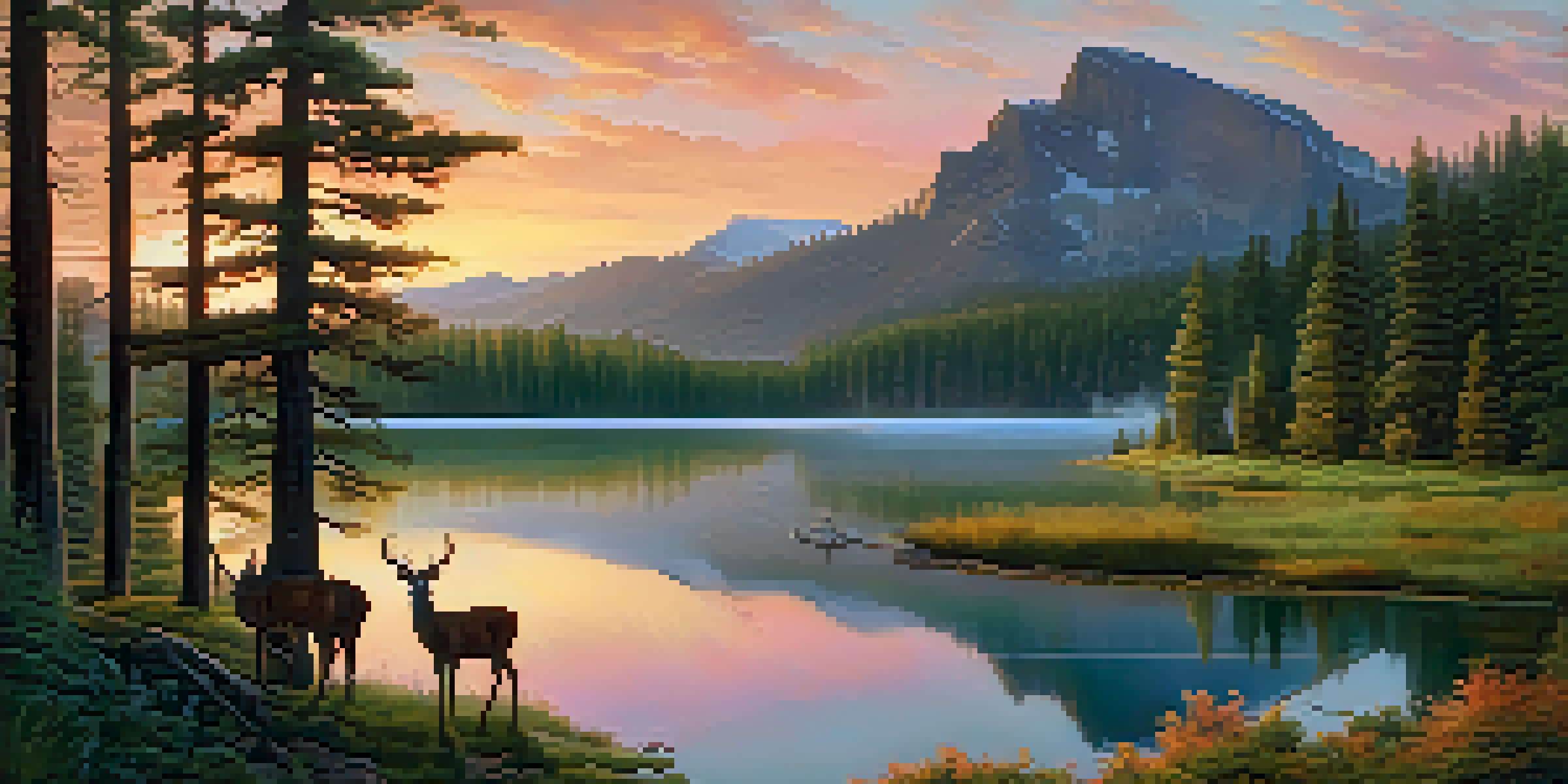 A serene national park scene at sunrise, with colorful skies, a reflecting lake, and deer near the water.