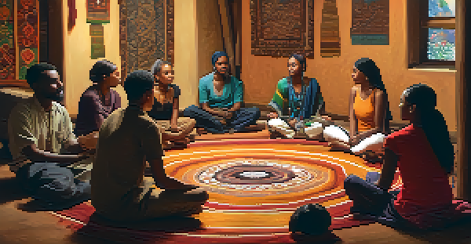 A circle of diverse individuals sharing stories in a warmly lit setting, showcasing various emotions and cultural artifacts.