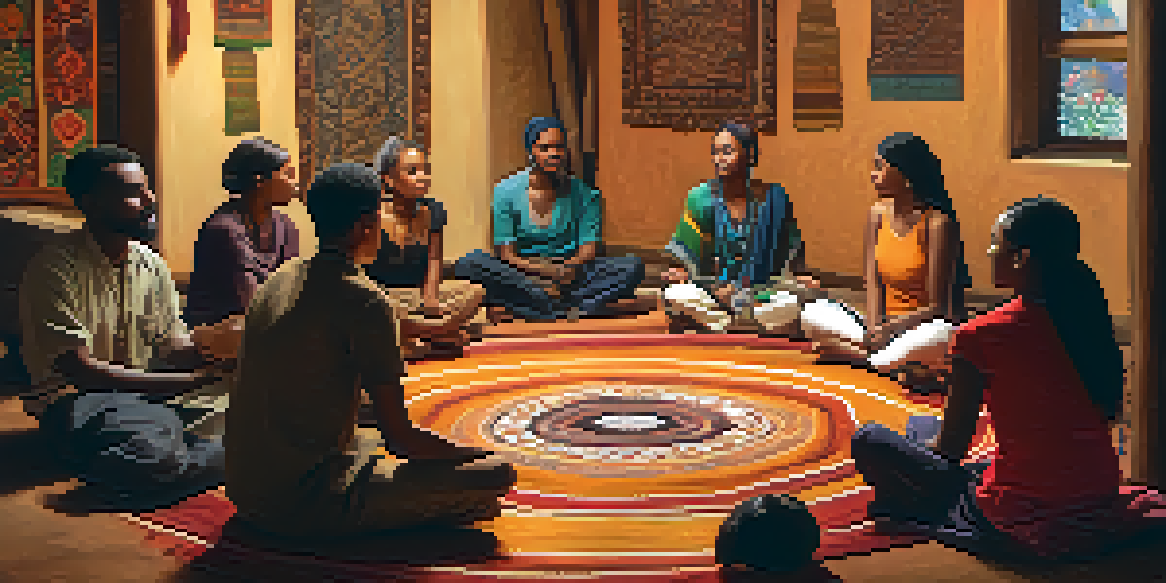 A circle of diverse individuals sharing stories in a warmly lit setting, showcasing various emotions and cultural artifacts.