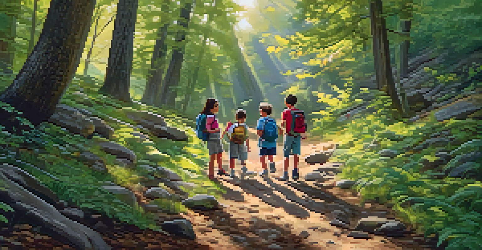 Children engaged in a scavenger hunt on a hiking trail with their parents nearby.
