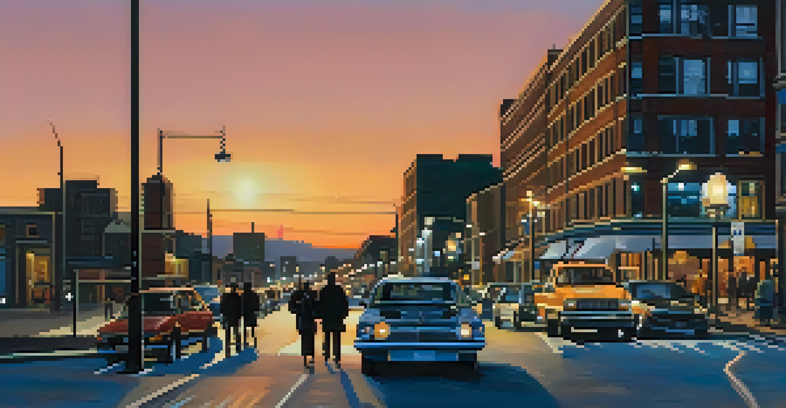 A vibrant city street at twilight, with glowing streetlights and a dramatic skyline in the background.