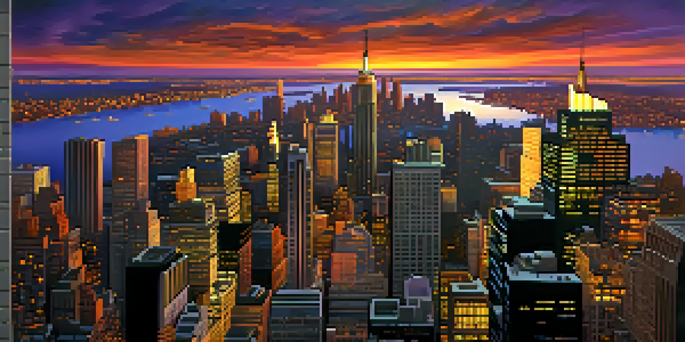 A panoramic sunset view from the Empire State Building, displaying the New York City skyline with colorful clouds and silhouettes of skyscrapers.