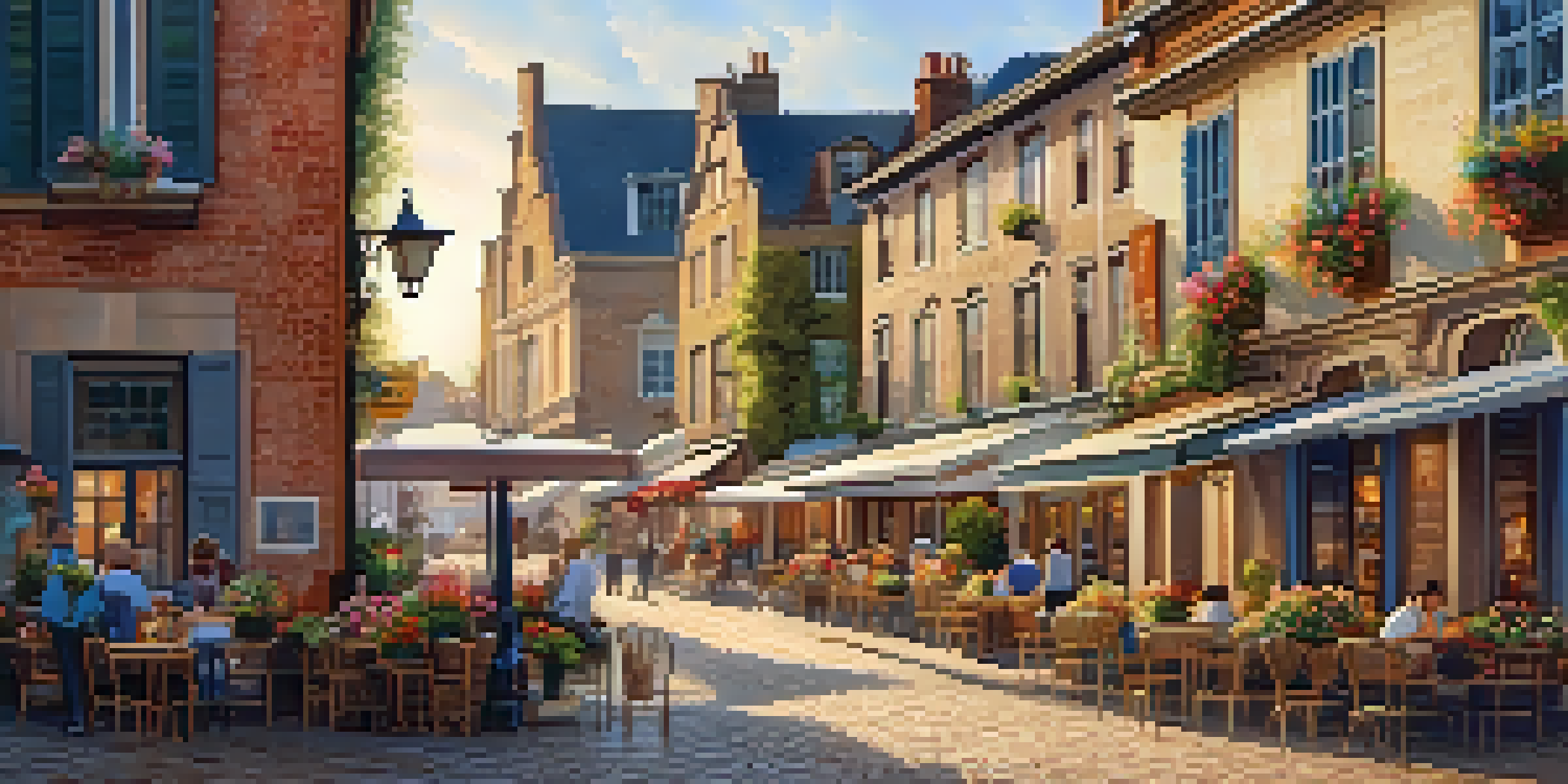 A historic town square with cobblestone streets and old buildings, adorned with flowers and people enjoying a café.