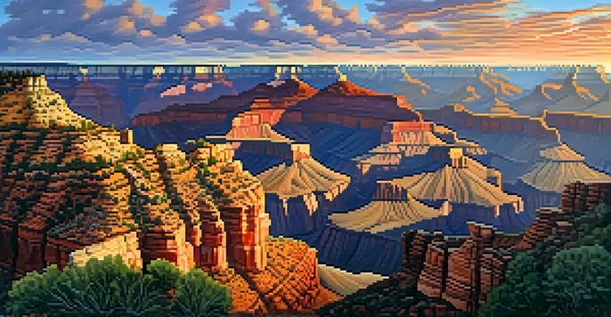 A beautiful sunrise illuminating the Grand Canyon with vibrant red and orange rock layers.
