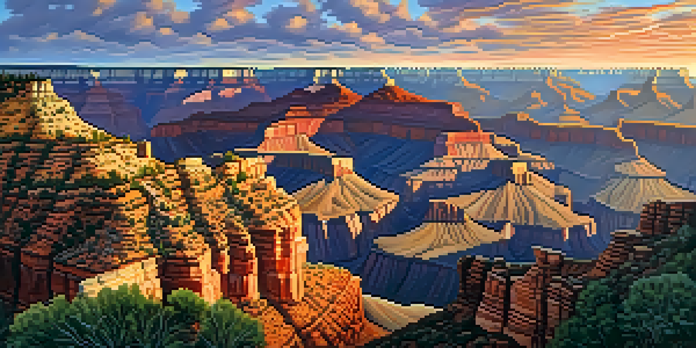 A beautiful sunrise illuminating the Grand Canyon with vibrant red and orange rock layers.