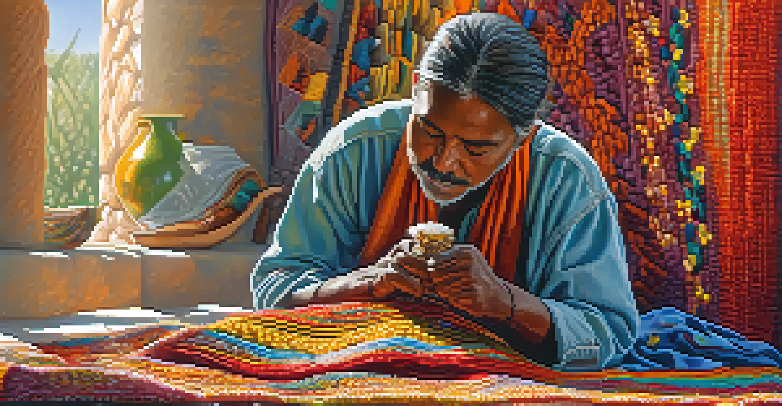 An artisan carefully working on a beadwork project, surrounded by colorful beads on a woven blanket, in a sunlit environment.