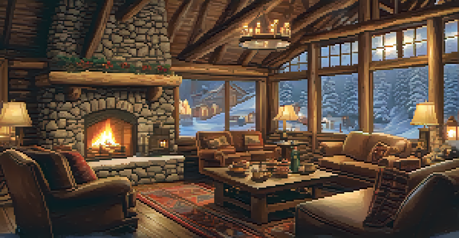 A cozy lodge scene with friends by a fireplace enjoying hot cocoa in a snowy setting.