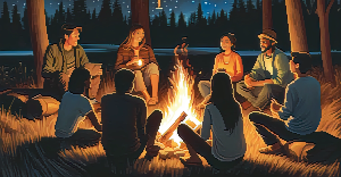 A group of people gathered around a campfire, sharing stories under a starry night sky.