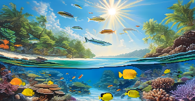 A vibrant coral reef with colorful fish and sunlight filtering through clear water, alongside a sandy beach and lush greenery.