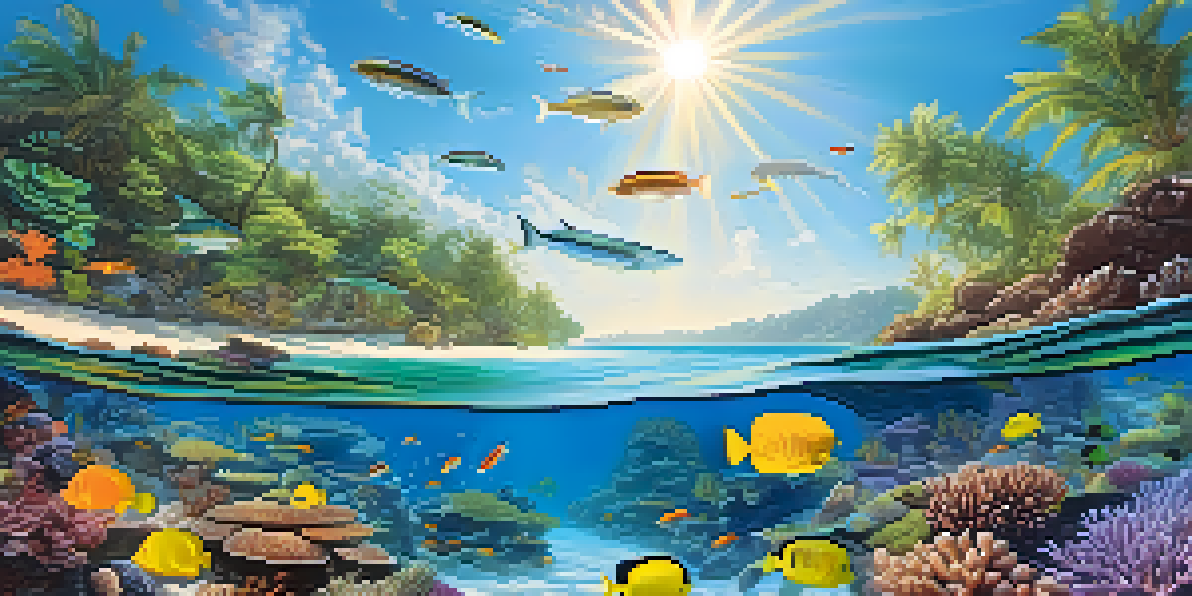 A vibrant coral reef with colorful fish and sunlight filtering through clear water, alongside a sandy beach and lush greenery.