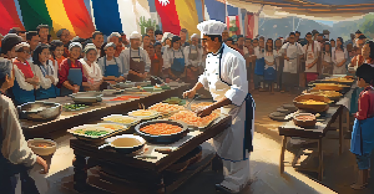A chef demonstrating cooking techniques to an audience at a multicultural cooking workshop, with flags and ingredients visible.