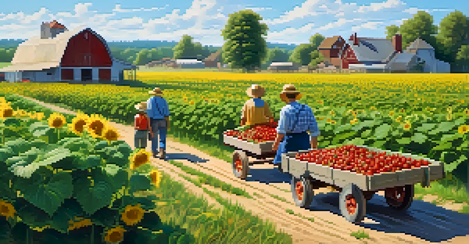 A sunny summer farm with ripe strawberries, families picking fruit, and sunflowers in the background.