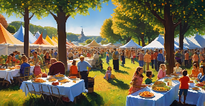 A lively outdoor harvest festival with people enjoying a potluck feast surrounded by colorful banners and fresh produce.