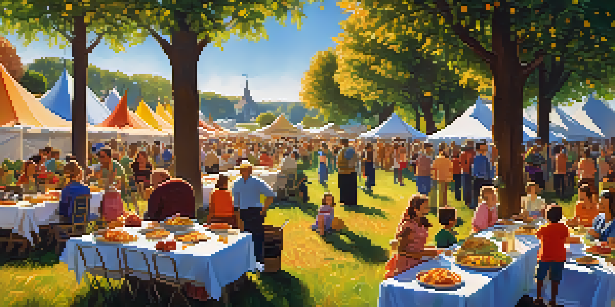 A lively outdoor harvest festival with people enjoying a potluck feast surrounded by colorful banners and fresh produce.
