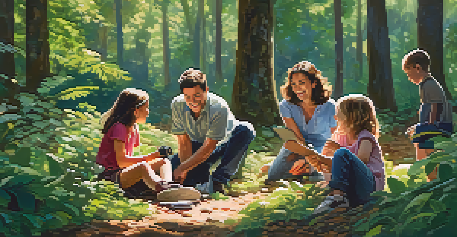 Families participating in a photography workshop in a sunny forest, surrounded by greenery and enjoying the moment.
