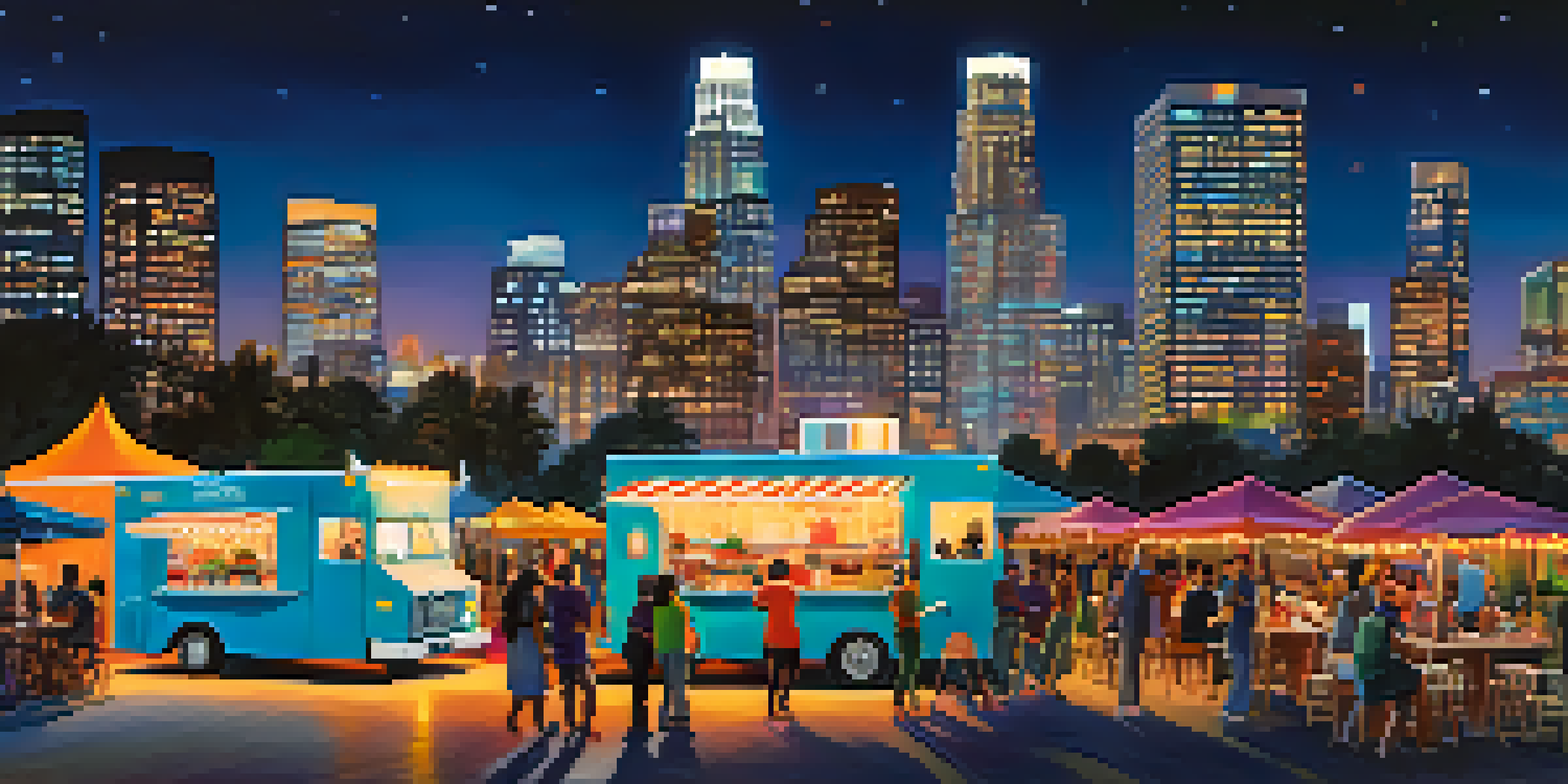 A lively food truck gathering in Los Angeles at night, with colorful trucks and people enjoying food under string lights.