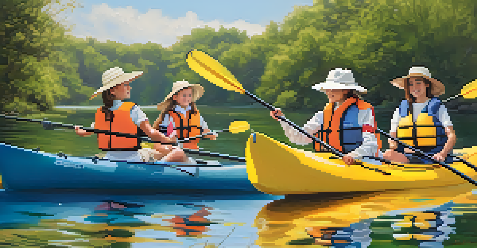 A family kayaking in a lagoon, wearing life jackets and sun hats, with a heron standing on the shore.