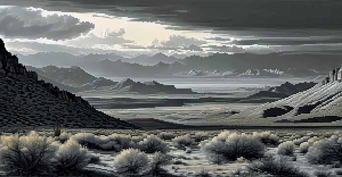 A black-and-white landscape photograph depicting mountains and a valley at dawn, with soft golden light illuminating the scene.