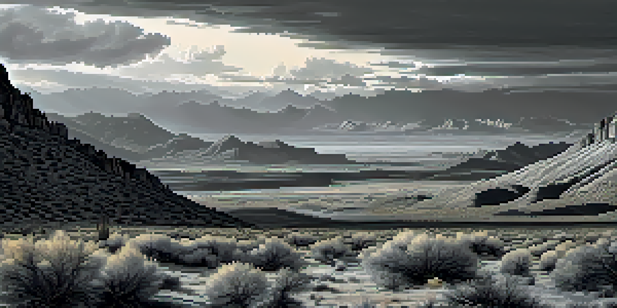 A black-and-white landscape photograph depicting mountains and a valley at dawn, with soft golden light illuminating the scene.