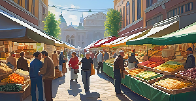 A busy artisan food market with colorful stalls, fresh produce, and smiling vendors, under bright sunlight.