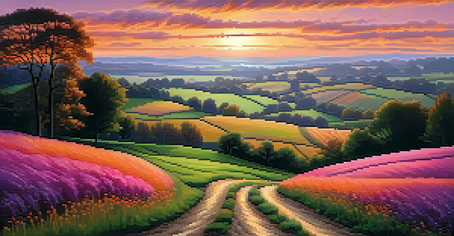 A beautiful sunset over rolling hills, with silhouetted trees and a winding path in a peaceful rural landscape.