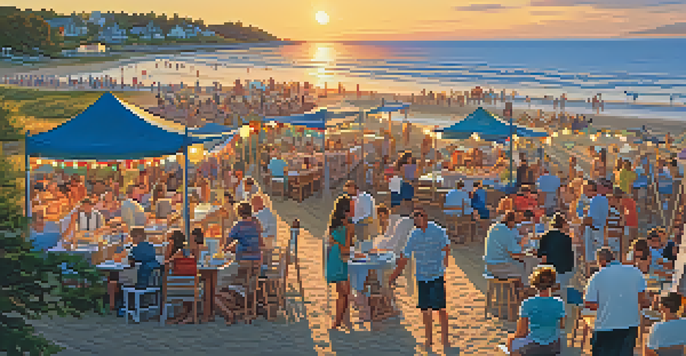 A lively seafood festival by the beach with colorful tents, people enjoying seafood dishes, and musicians playing in the background during sunset.