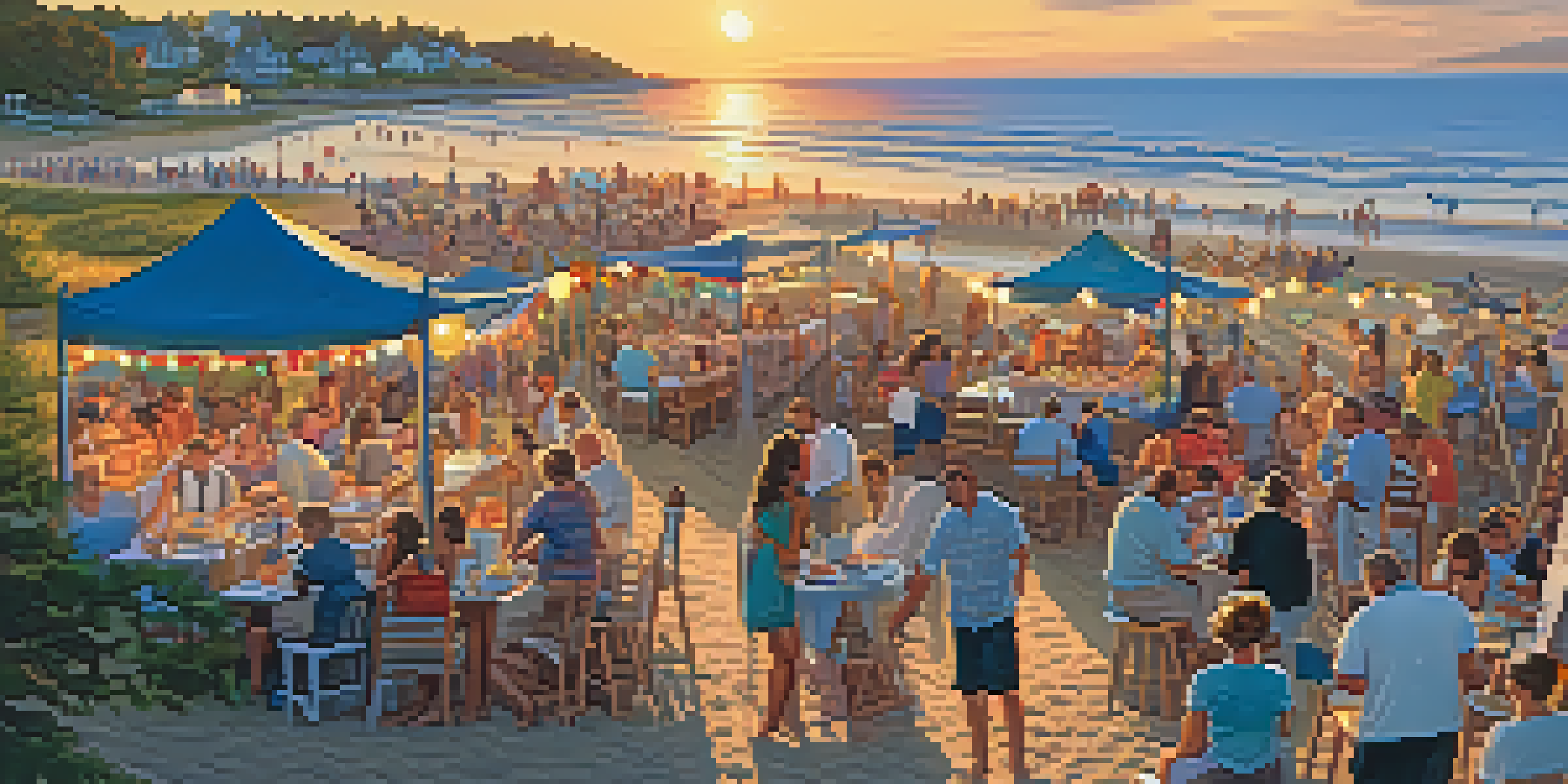 A lively seafood festival by the beach with colorful tents, people enjoying seafood dishes, and musicians playing in the background during sunset.