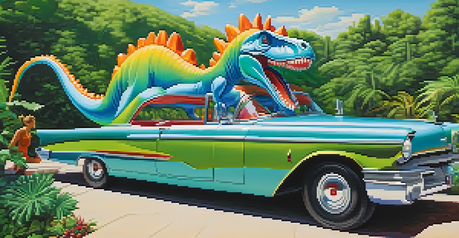 A vintage car sculpture shaped like a giant dinosaur, surrounded by greenery and a clear blue sky.