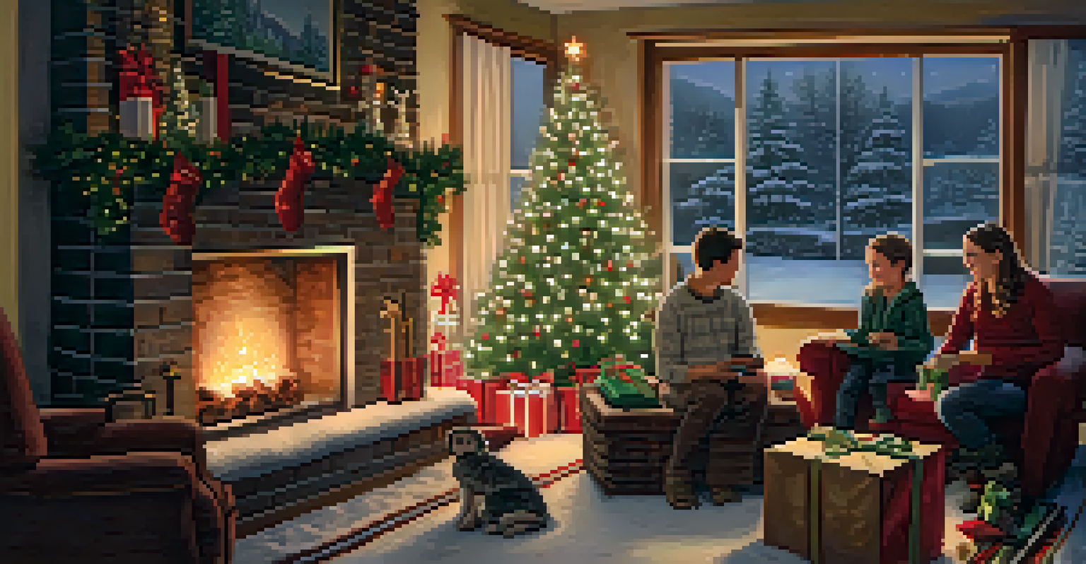 A family decorating a Christmas tree in a cozy living room with a fireplace and snow falling outside.