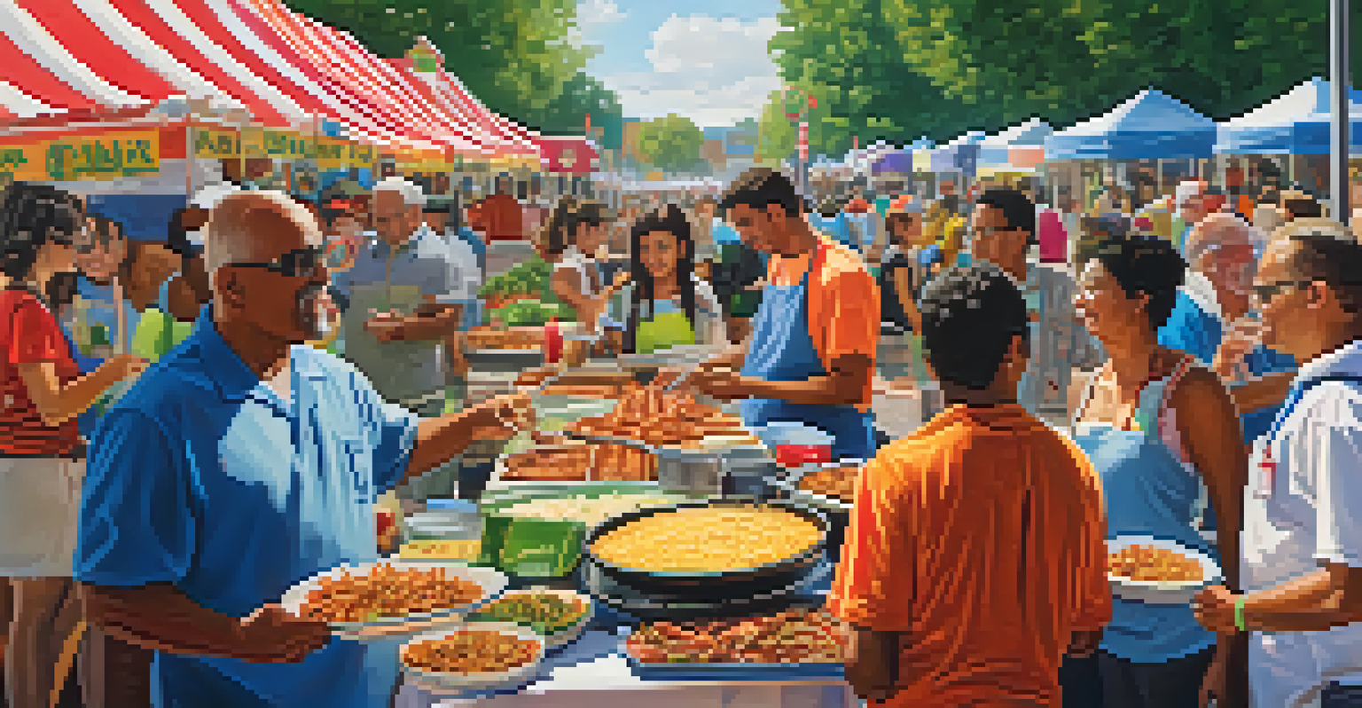 A diverse food festival in St. Louis showcasing international cuisine with visitors sampling and enjoying cultural performances.