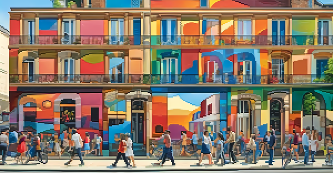 A lively street in the Belleville neighborhood of Paris with a colorful mural on a brick wall and pedestrians enjoying the atmosphere.