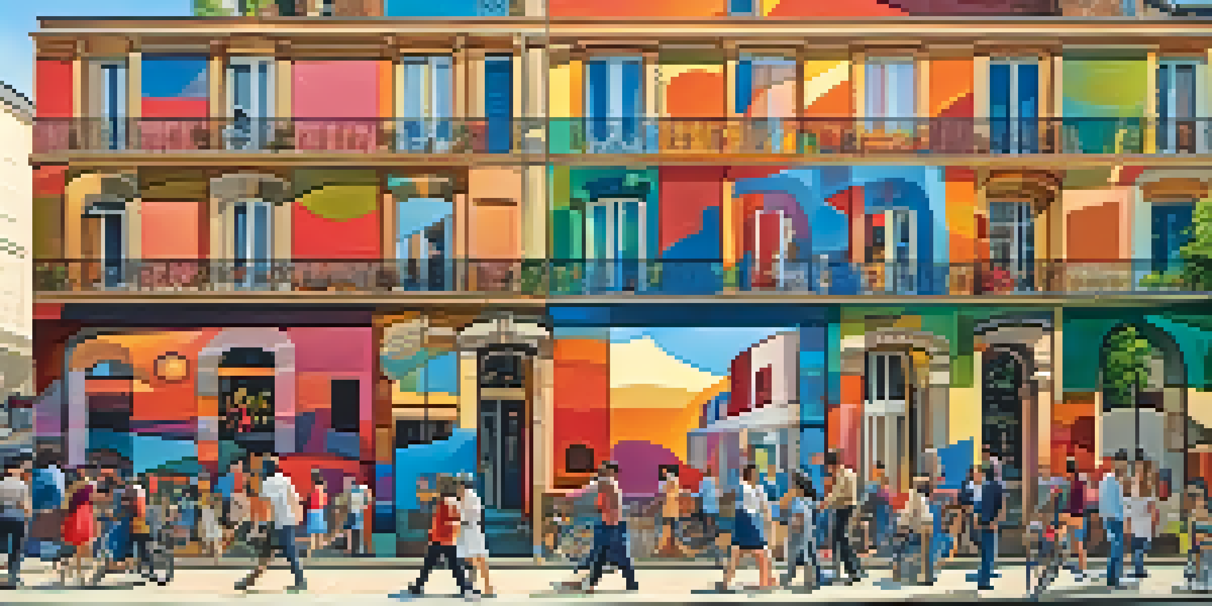 A lively street in the Belleville neighborhood of Paris with a colorful mural on a brick wall and pedestrians enjoying the atmosphere.