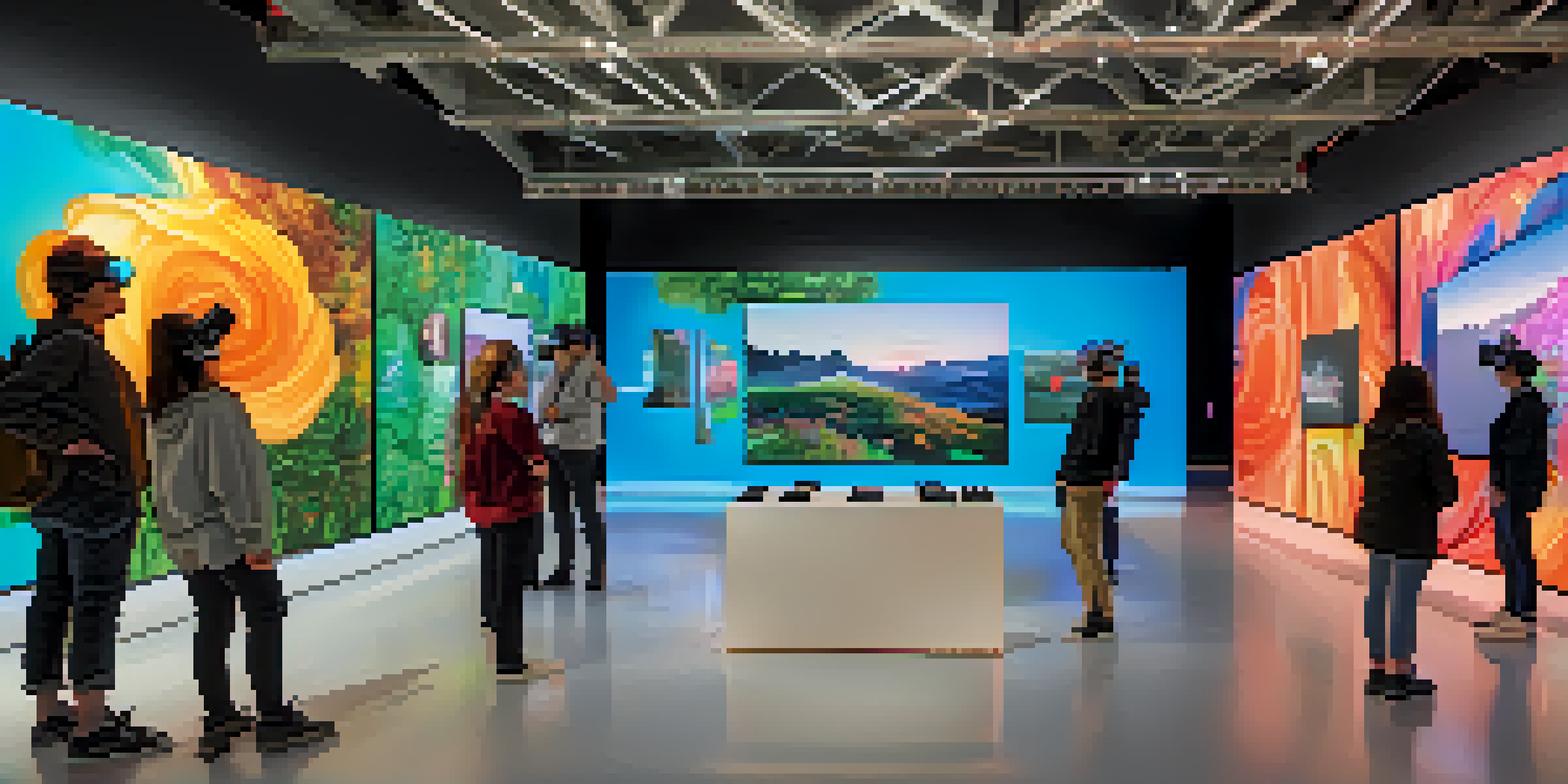 A virtual reality gallery with visitors wearing VR headsets, surrounded by colorful photography displayed on digital screens in a warmly lit room.