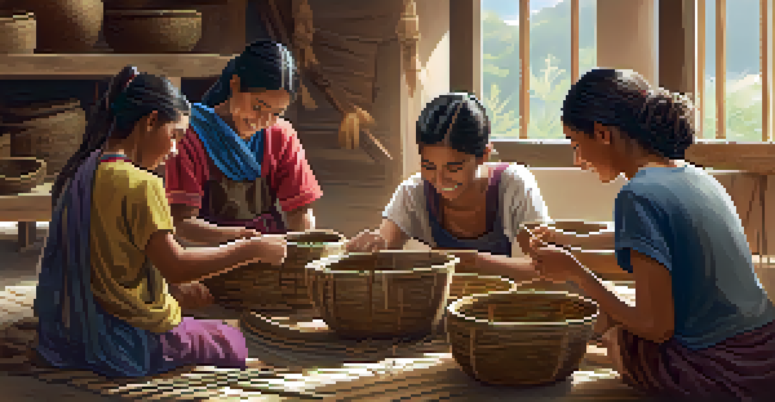 Teenagers happily participating in a traditional craft workshop, surrounded by weaving materials in a bright room.