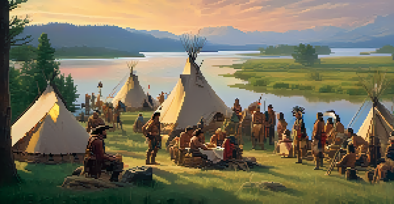 Lewis and Clark's expedition interacting with a Native American tribe by a river.