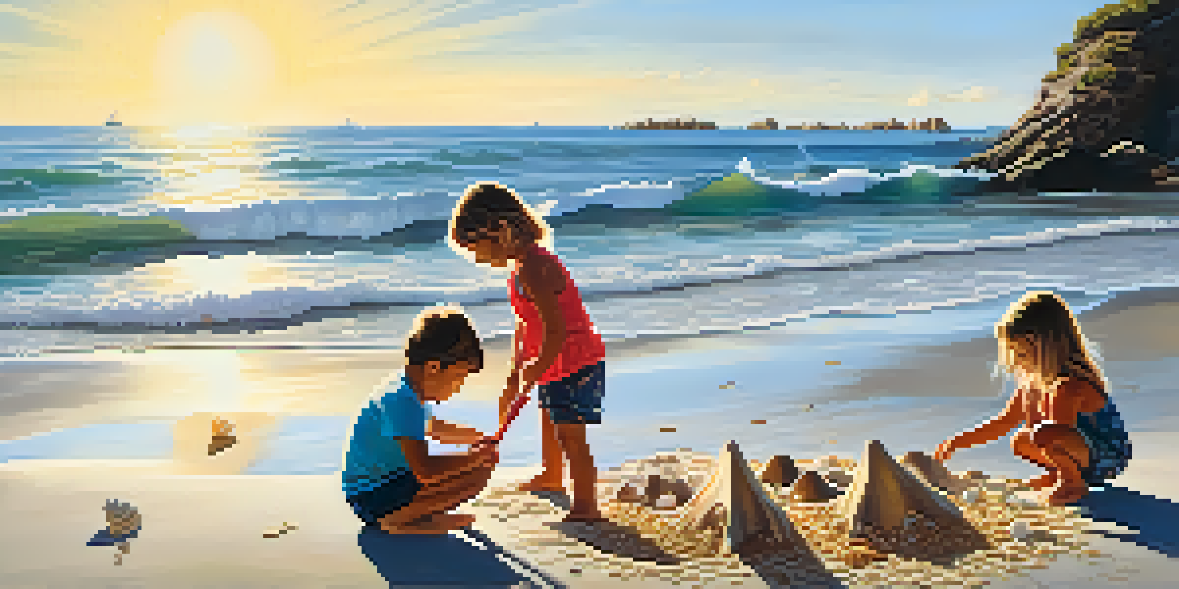 Children are building detailed sandcastles on a sunny beach, using seashells for decoration and with waves in the background.