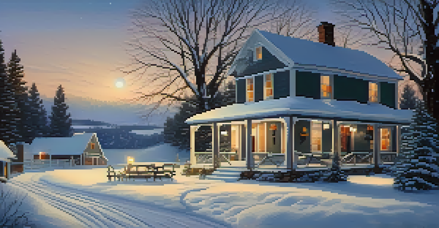 A peaceful winter farm with snow-covered landscapes and a warmly lit farmhouse on a starry night.