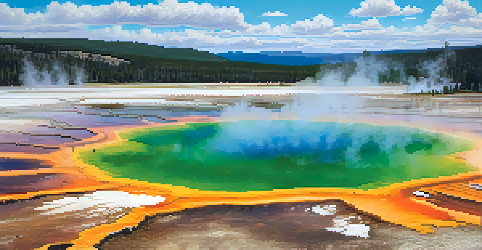 A colorful view of Grand Prismatic Spring in Yellowstone National Park with bison grazing nearby.