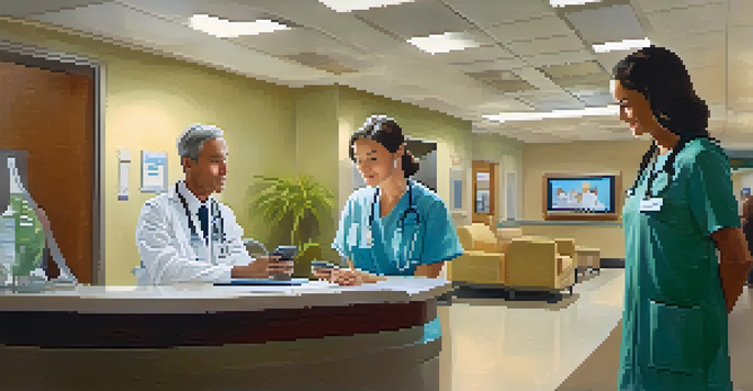 A traveler at a hospital reception, speaking with a friendly nurse in a modern hospital environment.