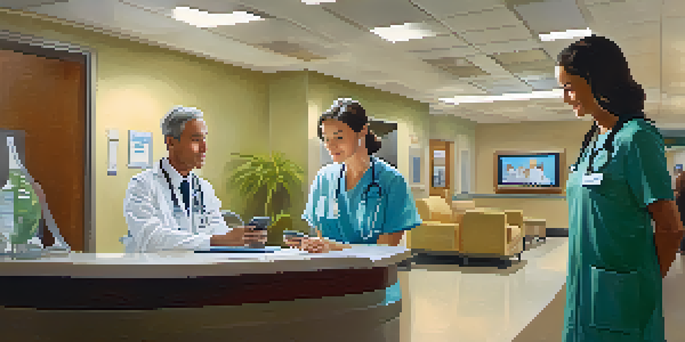 A traveler at a hospital reception, speaking with a friendly nurse in a modern hospital environment.