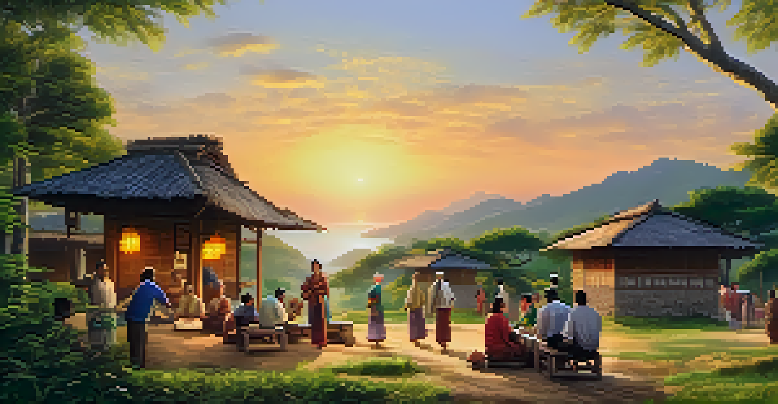A serene village landscape with tourists engaging in cultural activities with locals, set against a backdrop of lush greenery and a golden sunset.