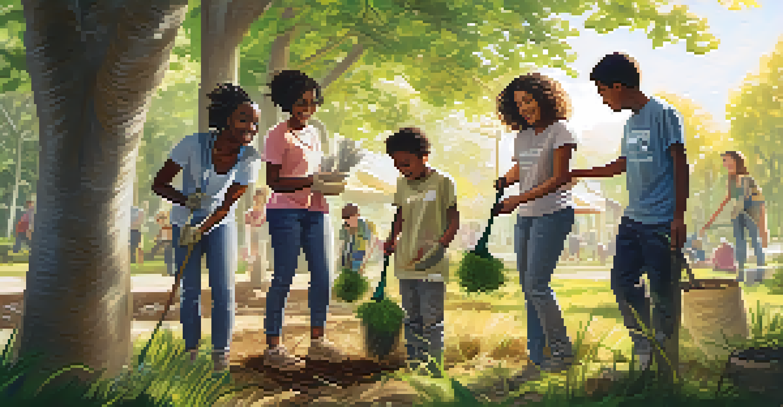 Young travelers volunteering by planting trees in a park, showcasing teamwork and community engagement.