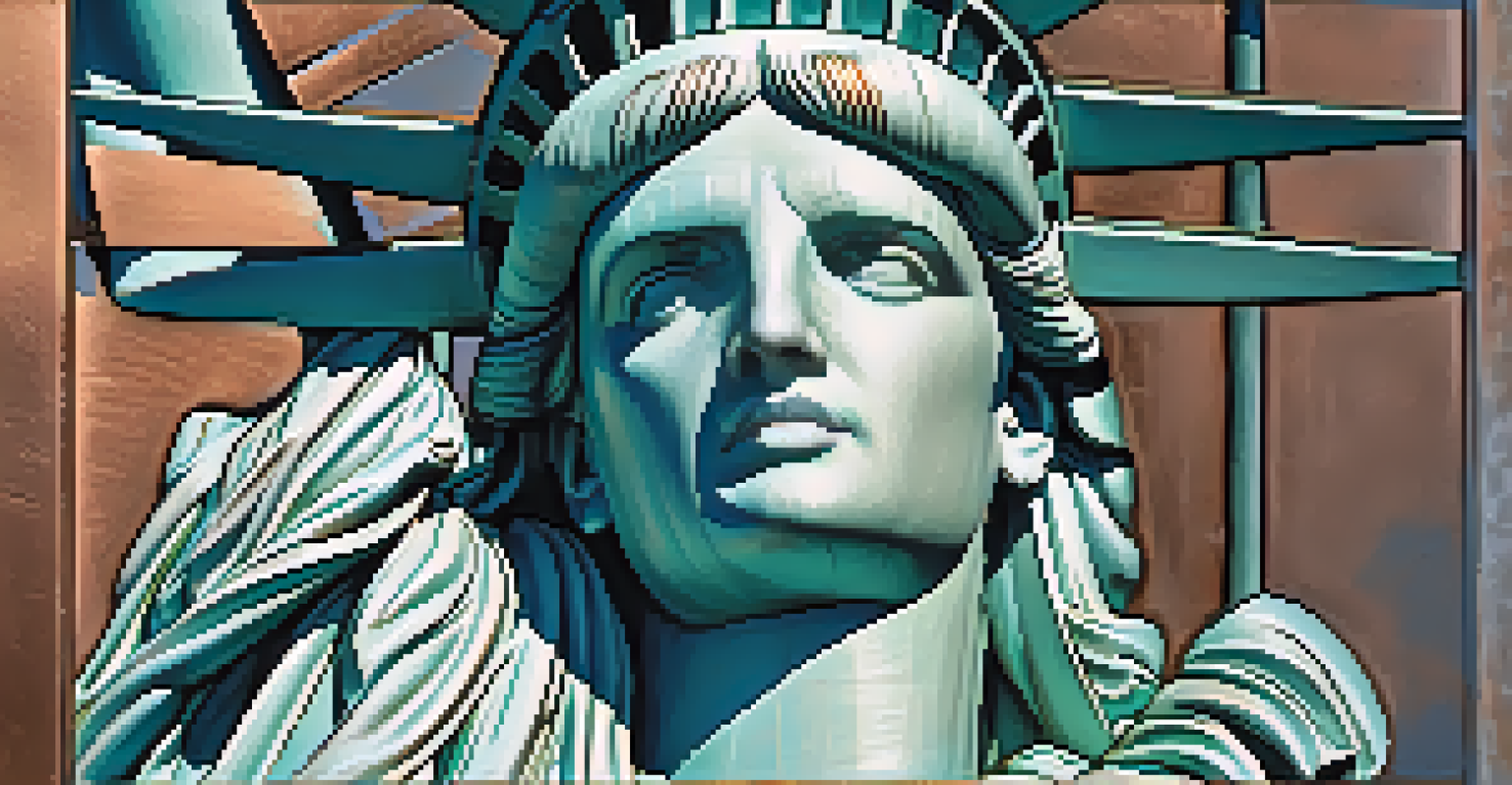 A close-up view of the Statue of Liberty's face, showing her expression and the texture of the copper.