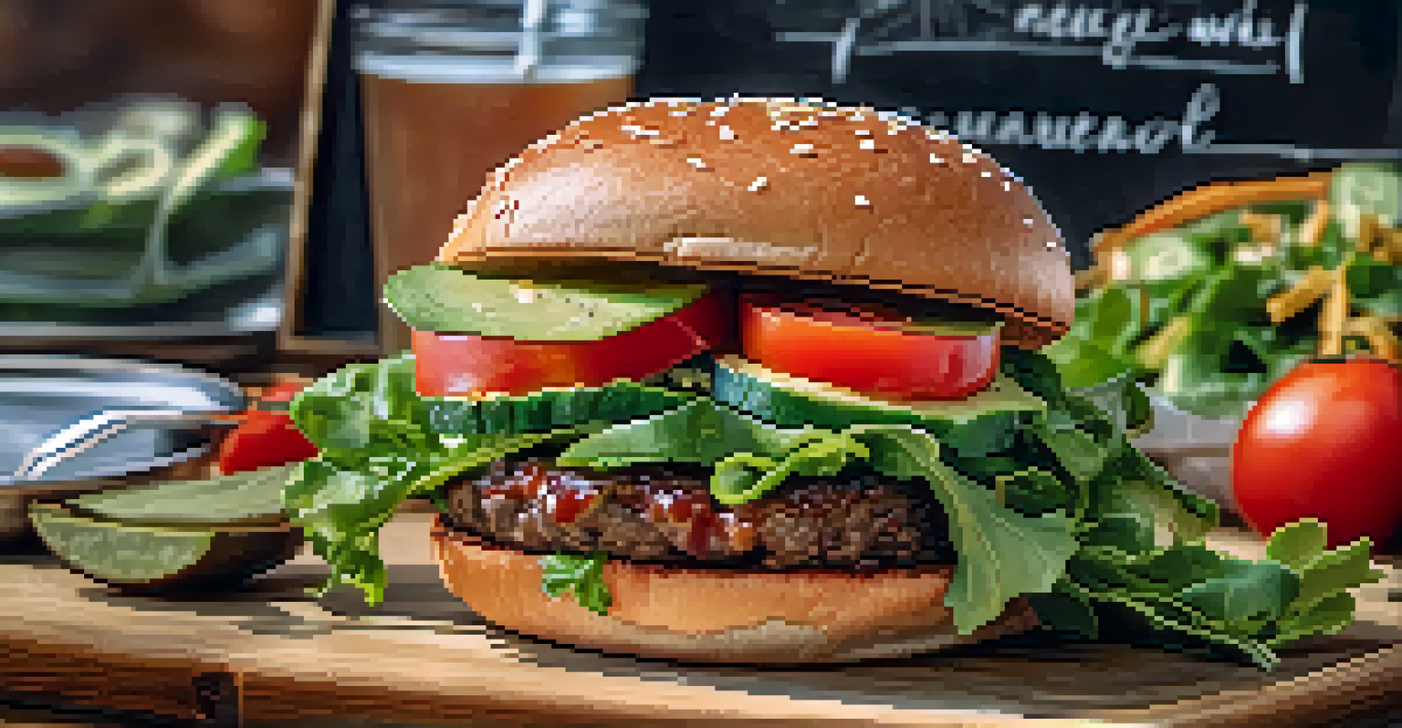 A close-up of a gourmet vegan burger on a wooden plate, with colorful toppings and a rustic food truck in the background.