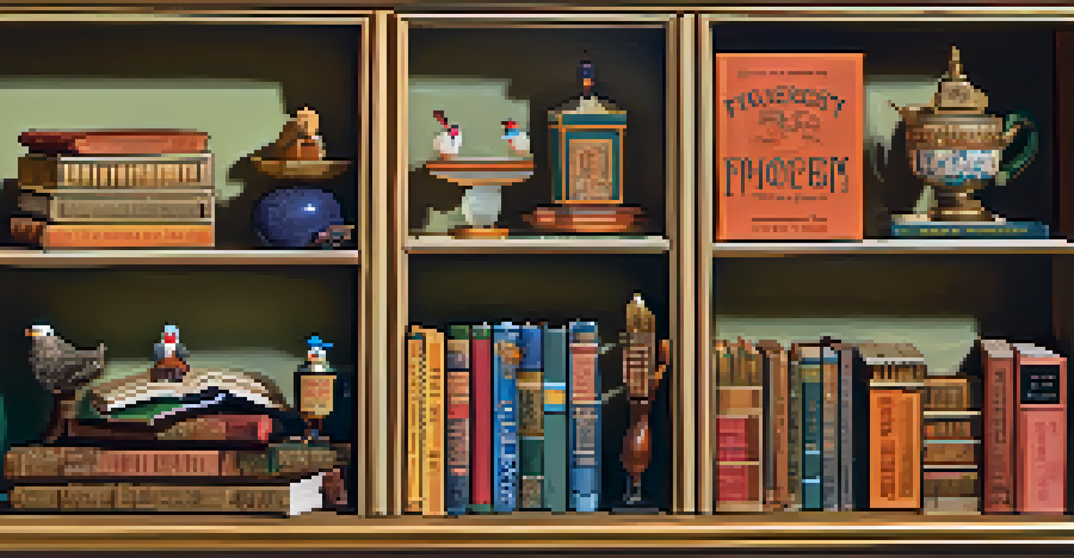 A display of miniature items in a cozy setting, highlighting the craftsmanship of tiny books and furniture.