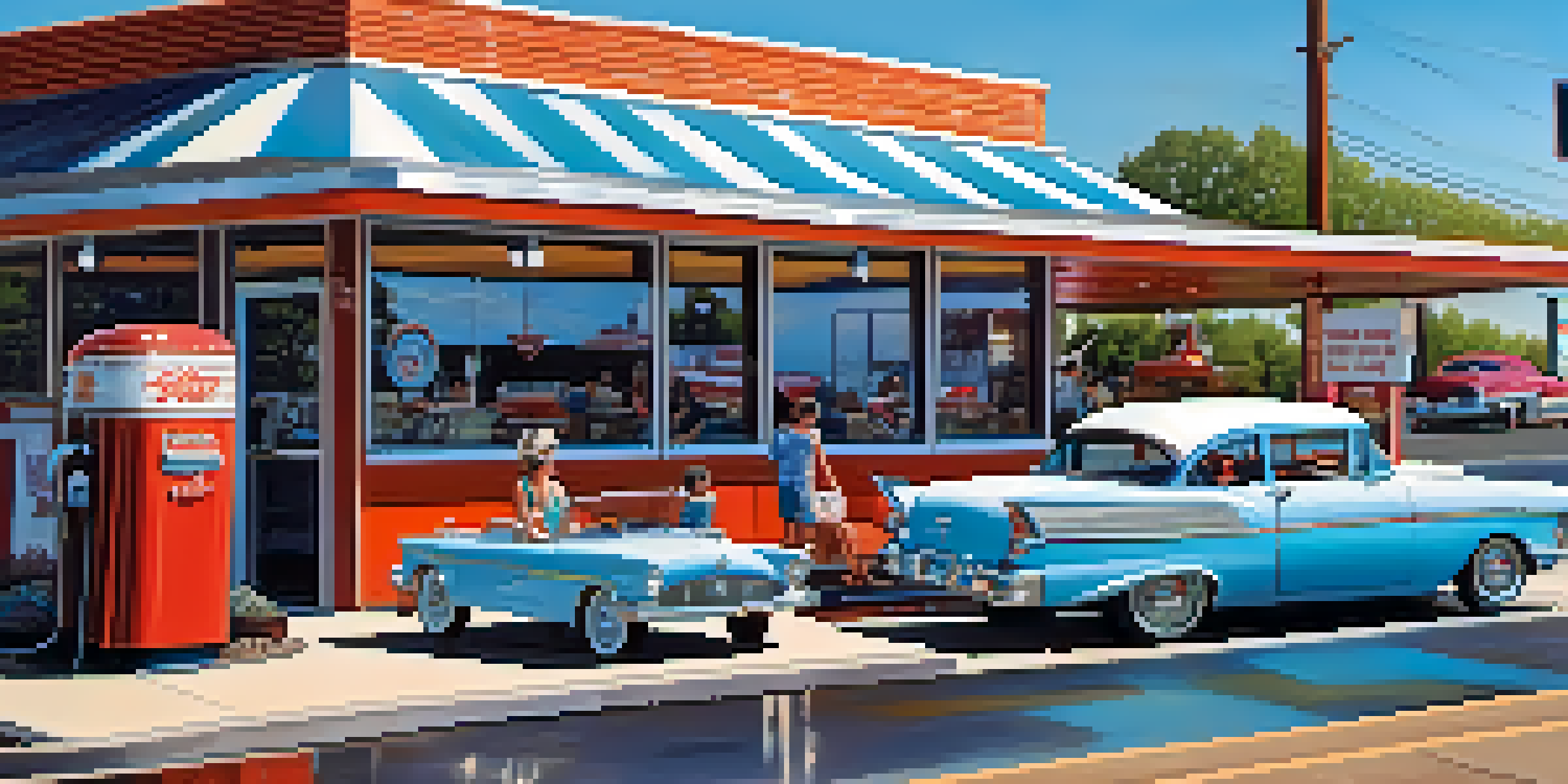 A busy vintage roadside diner with neon signs and classic cars parked outside, set along a sunny Route 66.