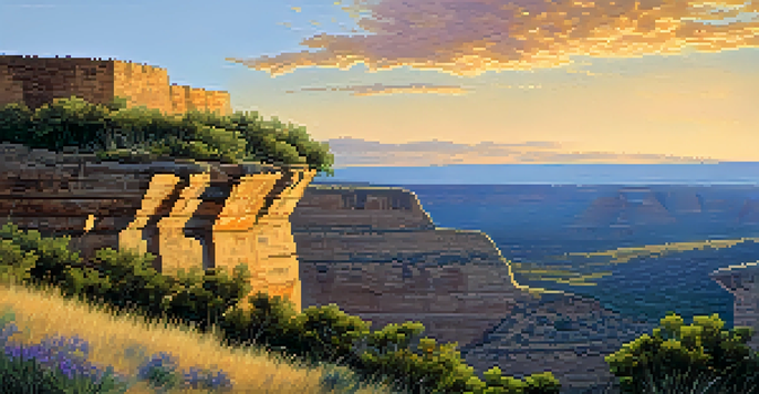 A picturesque view of Mesa Verde National Park at sunset, highlighting ancient cliff dwellings surrounded by vibrant wildflowers and colorful skies.